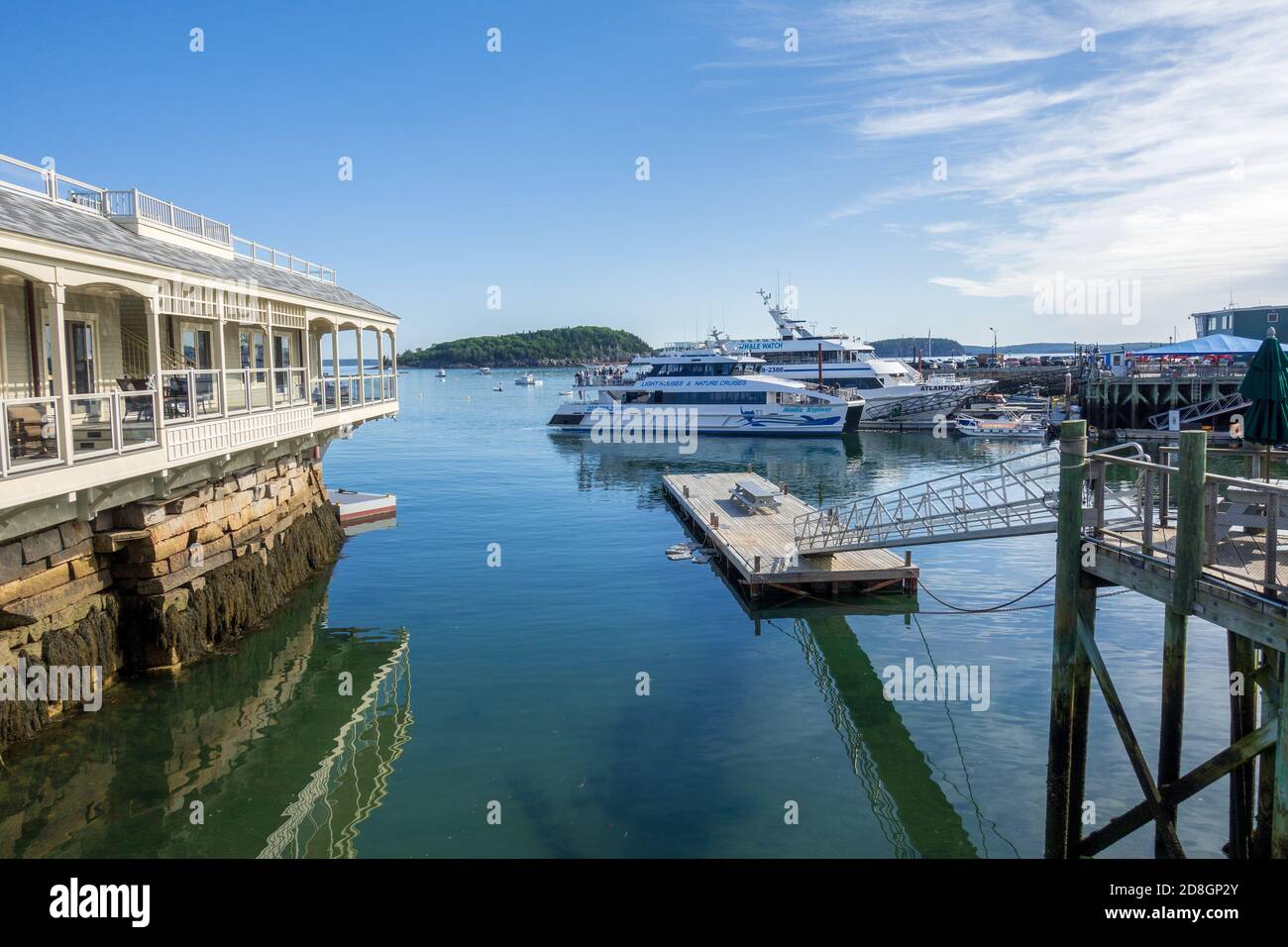 Tour Boats und Stewman's Lobster Pound Restaurant in Bar Harbor USA Stockfoto