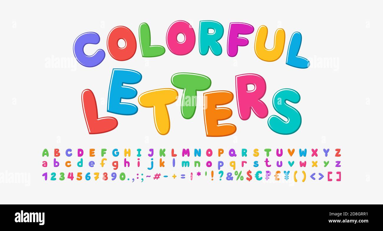 Bunte Cartoon Alphabet, Blase Form Schrift Regenbogen helle Farben. Groß- und Kleinbuchstaben, Zahlen, Satzzeichen. Vektor. Stock Vektor