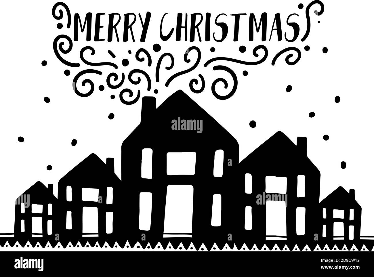 Frohe Weihnachten Dekoration Hand drawn.Doodle Stil Grußkarte mit Häusern mit Rauch aus Kaminen. Stock Vektor