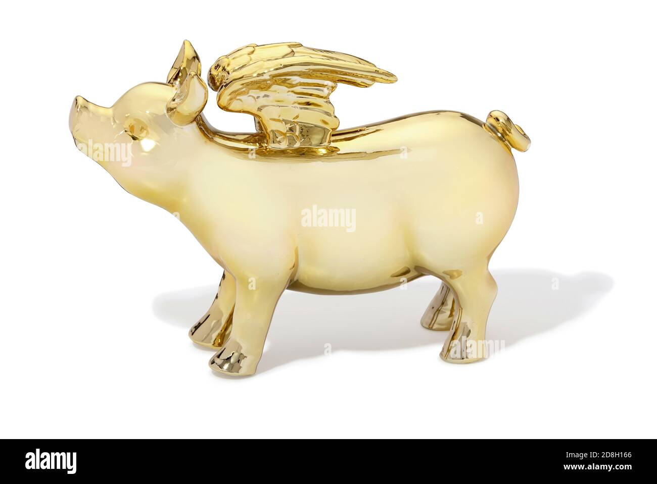 Goldenes Sparschwein mit Flügeln auf weißem Hintergrund fotografiert Stockfoto