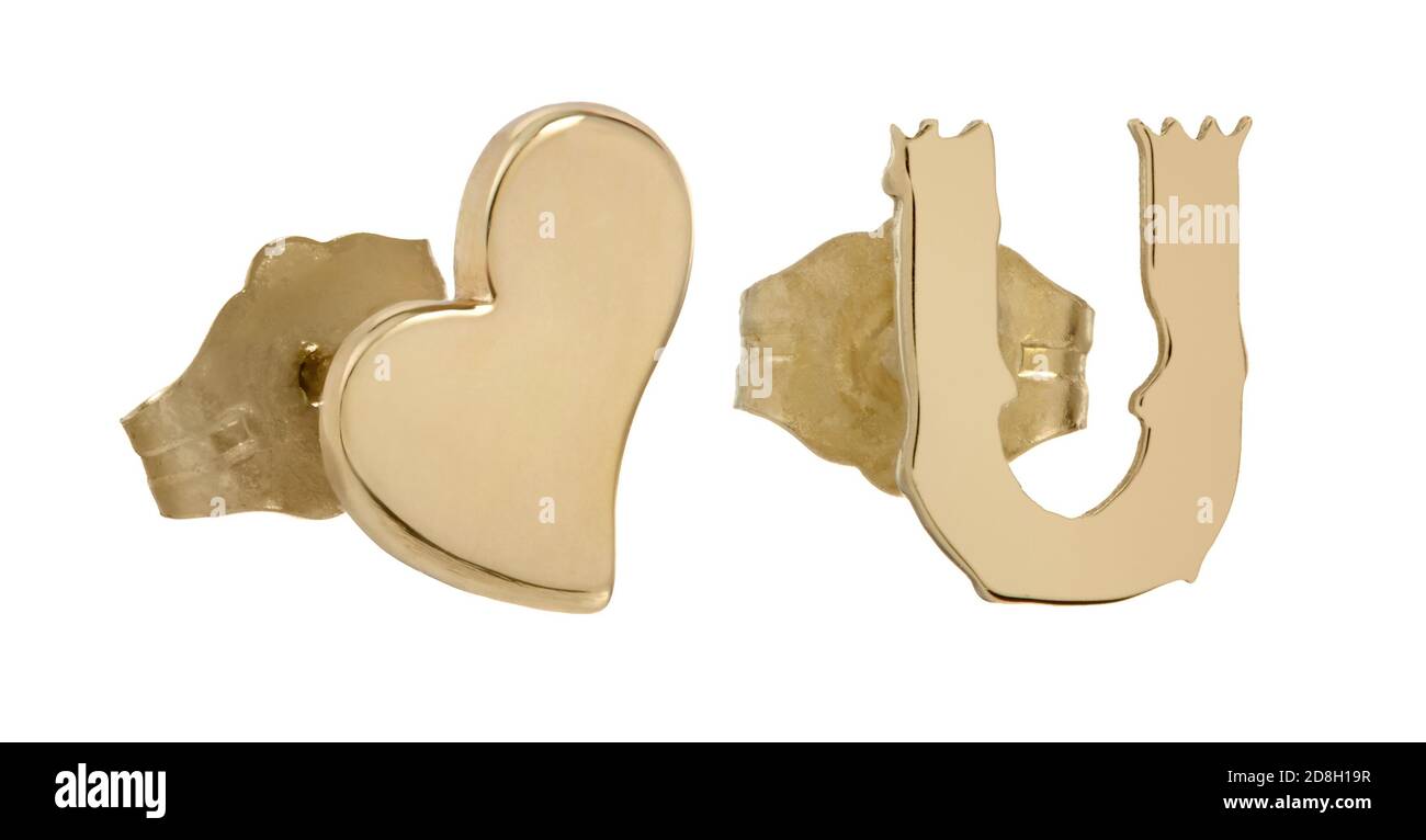 Heart U Gold Ohrringe von Wendy Brandes fotografiert Ein weißer Hintergrund Stockfoto