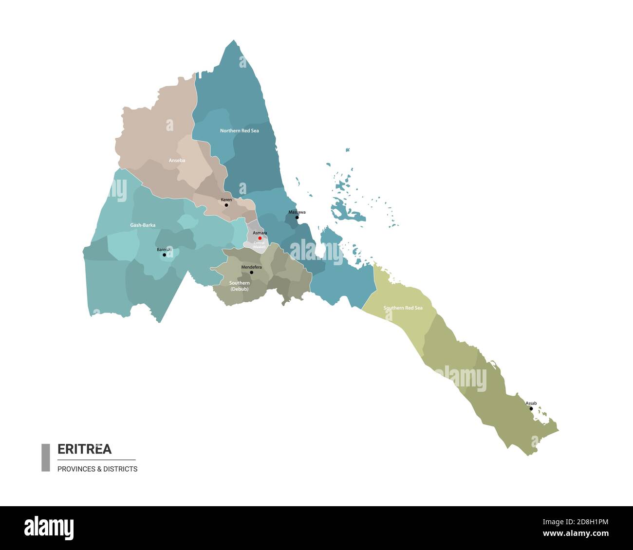 Eritrea hat eine detaillierte Karte mit Unterteilungen. Verwaltungskarte von Eritrea mit Bezirken und Stadtnamen, farbig nach Staaten und Verwaltungsbezirk Stock Vektor