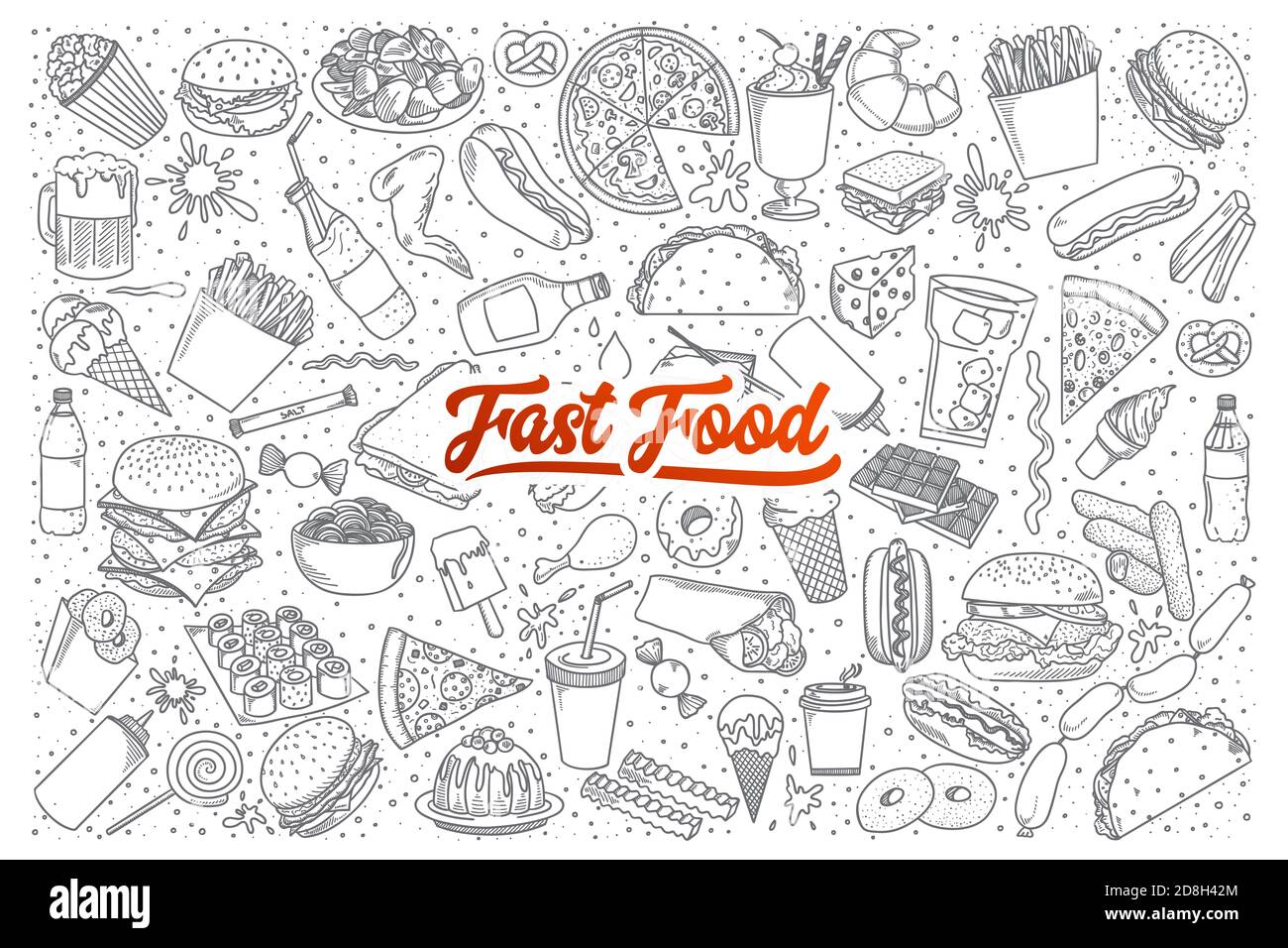 Handgezeichneter Satz Fast-Food-Doodles mit Schriftzug in vektor Stockfoto