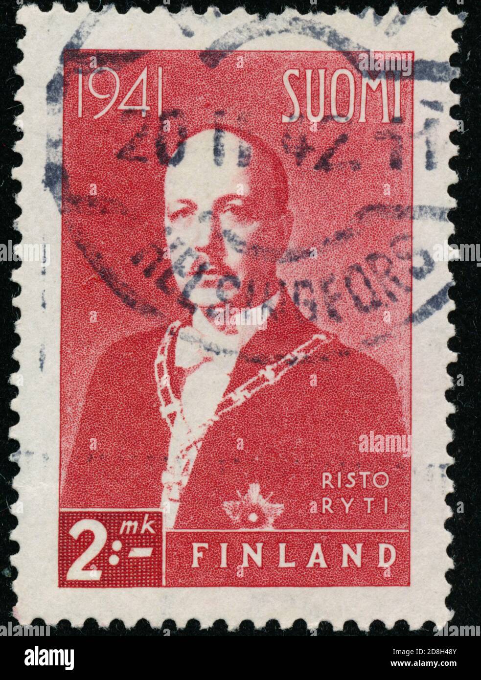 POLTAWA, UKRAINE - 30. Oktober 2020. Die in Finnland um 1941 gedruckte Vintage-Marke zeigt Präsident Ryti Stockfoto