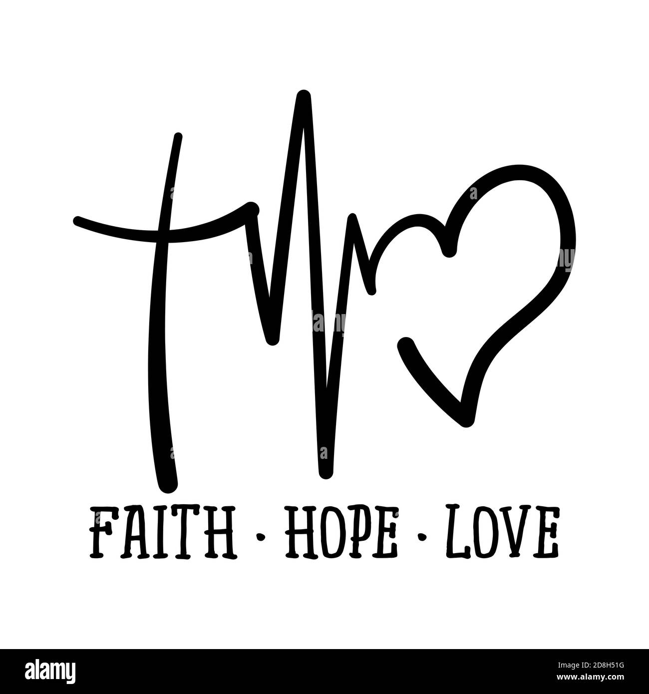 Faith Hope Love - handgeschriebene Vektor-Kalligraphie Schrift Text in Kreuz-, Herz-und Herzfrequenzform. Christentum Zitat für Design. Typografie-Poster Stock Vektor