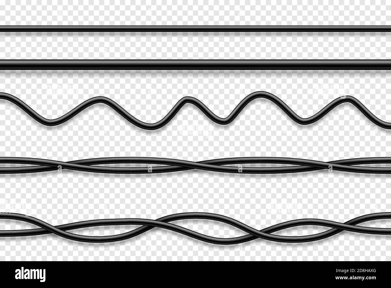 Flexible Kabelsammlung. Schwarzes Elektrokabel. Realistisches Netz- oder Netzwerkkabel. Vektorgrafik. Stock Vektor