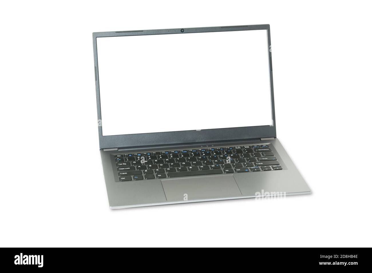 Laptop mit leerem Bildschirm auf weißem Hintergrund isoliert. Stockfoto