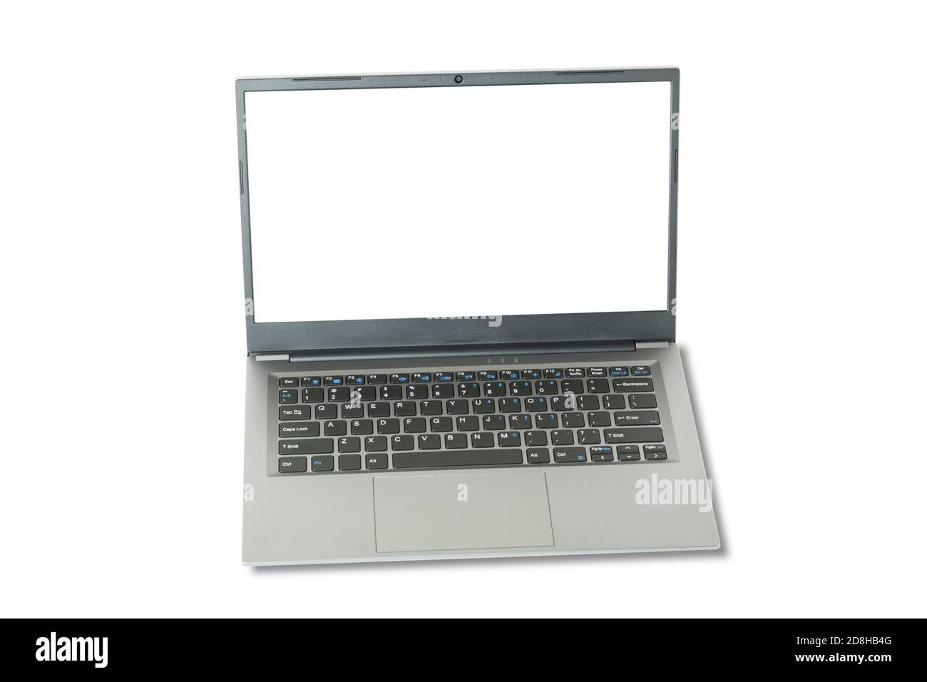 Laptop mit leerem Bildschirm auf weißem Hintergrund isoliert. Stockfoto