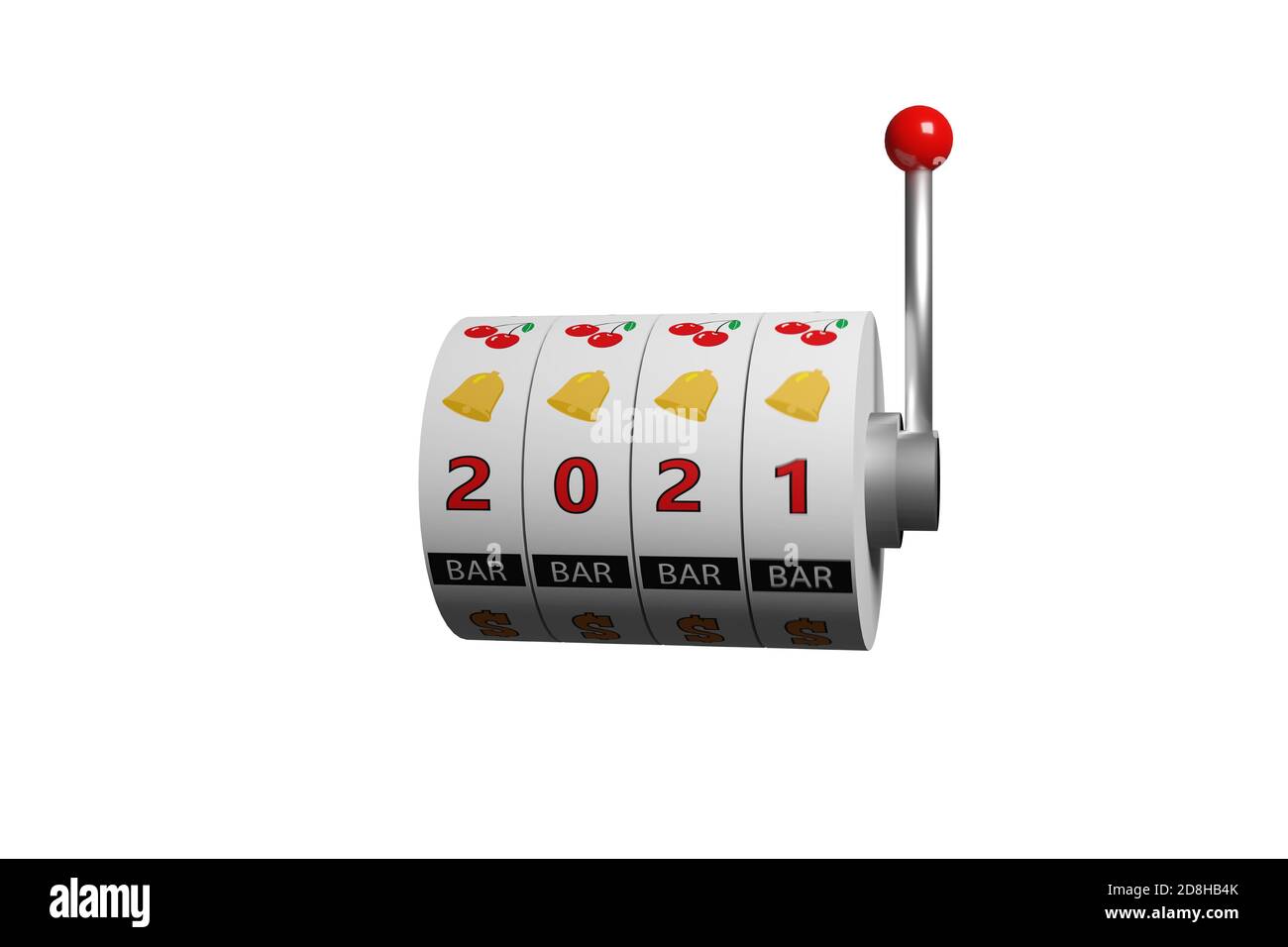 Räder eines Spielautomaten mit der Nummer 2021. Konzept für das neue Jahr. 3d-Illustration. Stockfoto