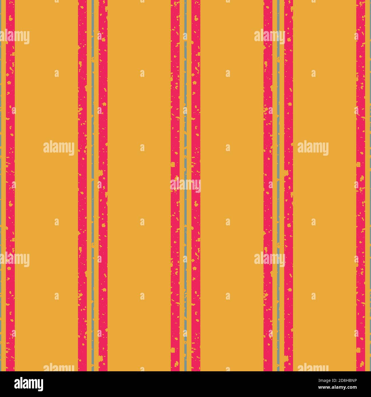 Dünne und dicke Streifen mit geätzter Textur Vektor nahtlose Muster Hintergrund. Vertikales rot-blau gestreiftes Dessin auf orangefarbenem Hintergrund mit Grunge Stock Vektor