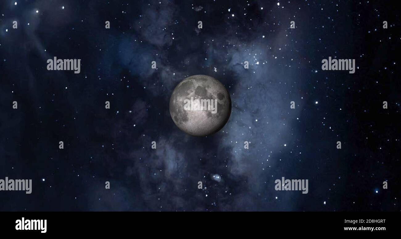 Planet Mond mit bunten Galaxie . 3d-Mond-Planet im Weltraum mit bunten Sternennacht. Vorderansicht des Mondes aus dem Weltraum. Blick Erde 4k Auflösung. Stockfoto