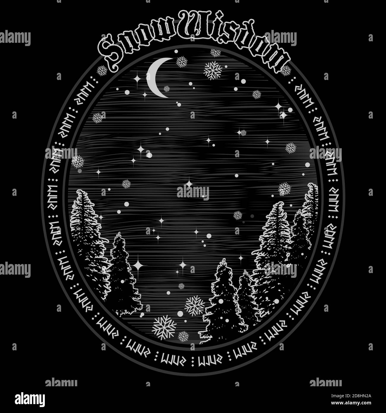 Winterwald auf dem Hintergrund von Sternenhimmel, Halbmond und Schneeflocken. Das Design auf dem keltischen Feiertag und Weihnachten Stock Vektor