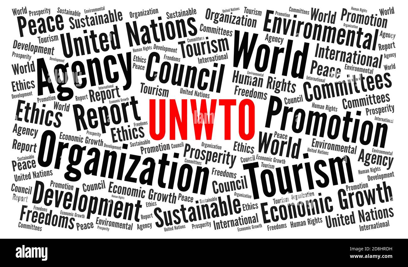 UNWTO, World Tourism Organization World Cloud Concept Stockfoto