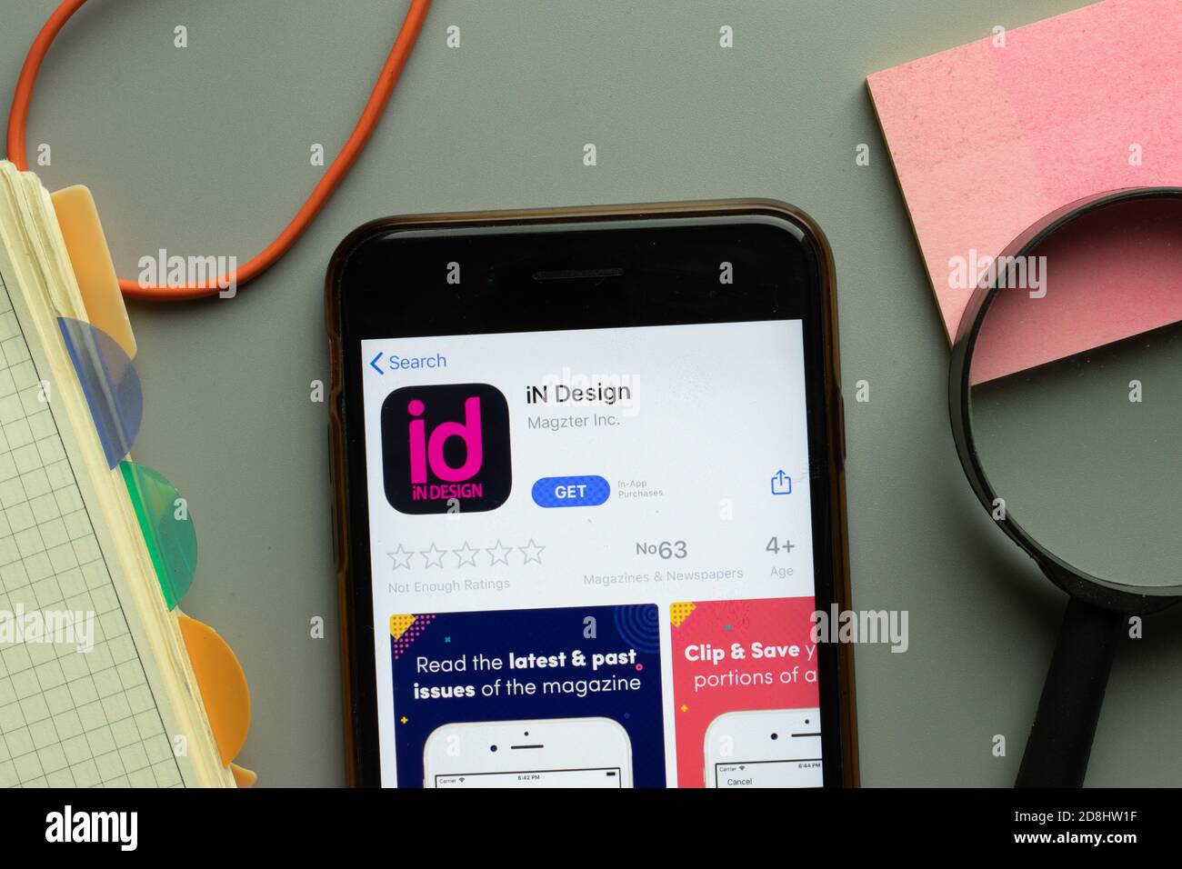 New York, USA - 26. Oktober 2020: In Design mobile App Logo auf dem Handy-Bildschirm Nahaufnahme, illustrative Editorial Stockfoto