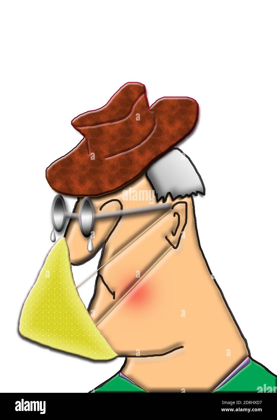 Covid 19 Gesichtsmaske auf einer Zeichentrickfigur schlecht passend Gesichtsbedeckung und verfärbte Gläser auf älteren Gentleman braun Ledereffekt Hut und graue Haare Stockfoto