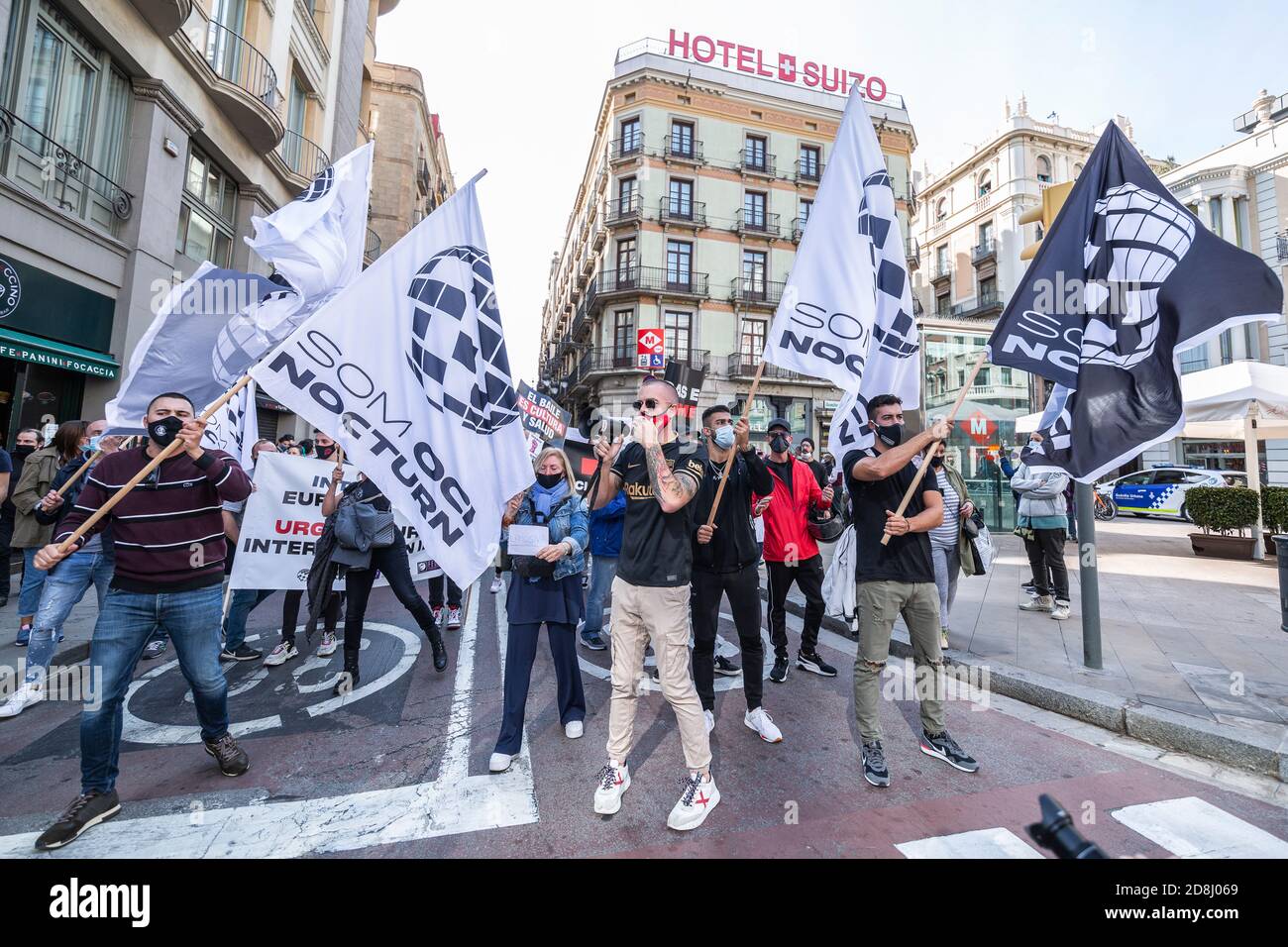 Barcelona, Spanien. 2020.10.28. Konzentration und Demonstration der Arbeiter von Bars, Restaurants, Nightlife und Beauty-Unternehmen. Stockfoto