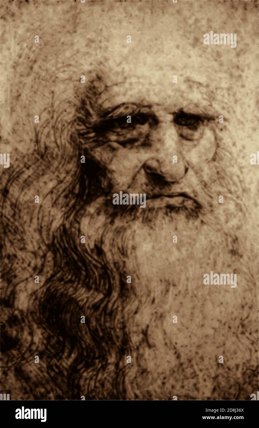 Leonardo da Vinci, Selbstporträt in seinen späteren Jahren. Duotone, um den Effekt „gealterte Leinwand“ beizubehalten. Stock Vektor