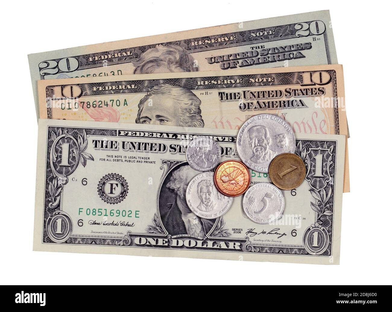 Centavo-Münzen und US-Dollar, die Währung des südamerikanischen Landes Ecuador Stockfoto