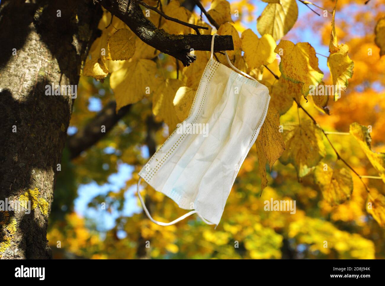 Weiße Maske hängt an einem Baum. Gelbe, orange Herbstblätter im Hintergrund. Umweltverschmutzung während des Coronavirus. Stockfoto