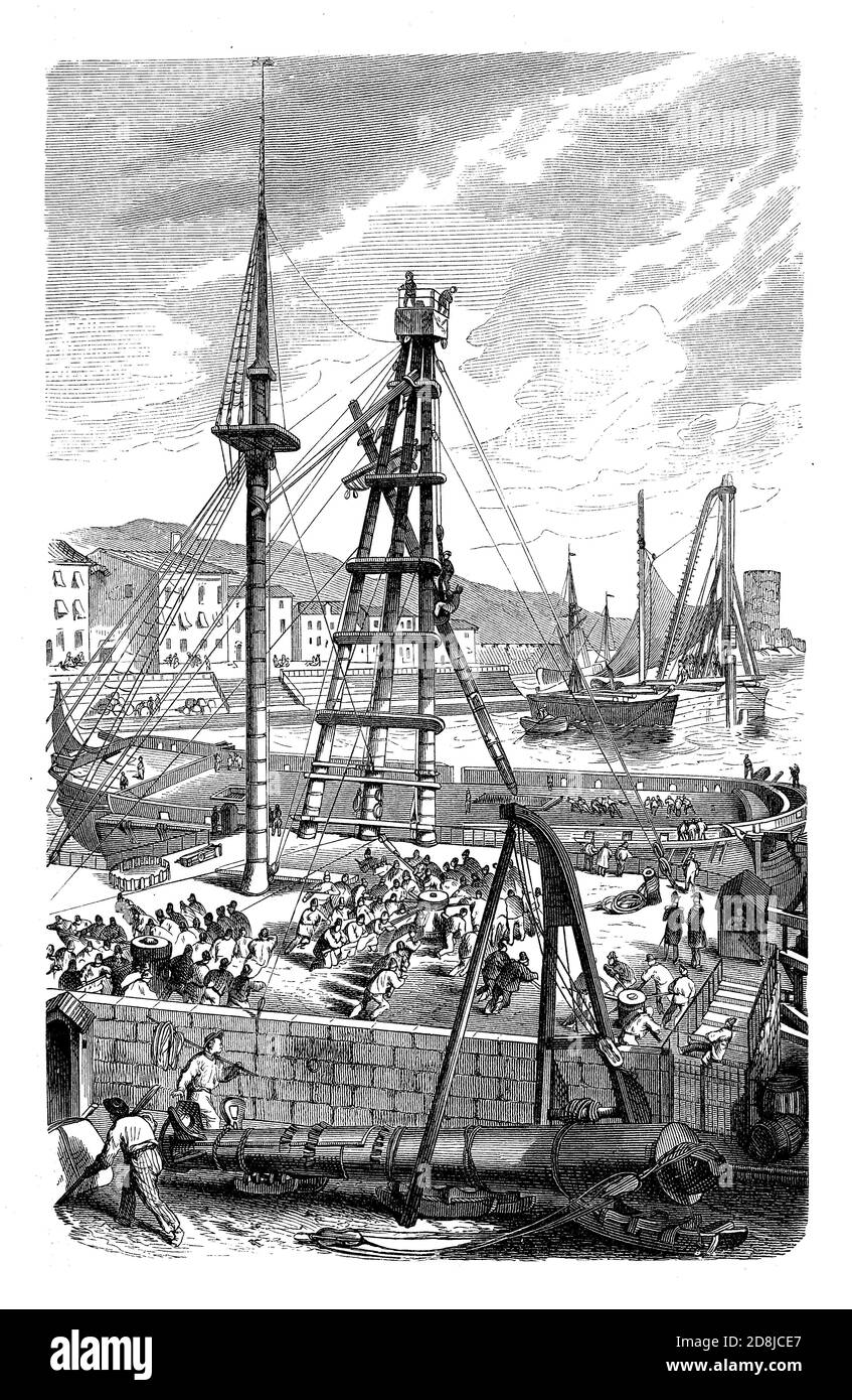 Vintage Illustration über den Einsatz von Handgetrieben und Kapstanen in einer Werft, Heben und Positionieren der Masten im Bau eines Schiffes Stockfoto