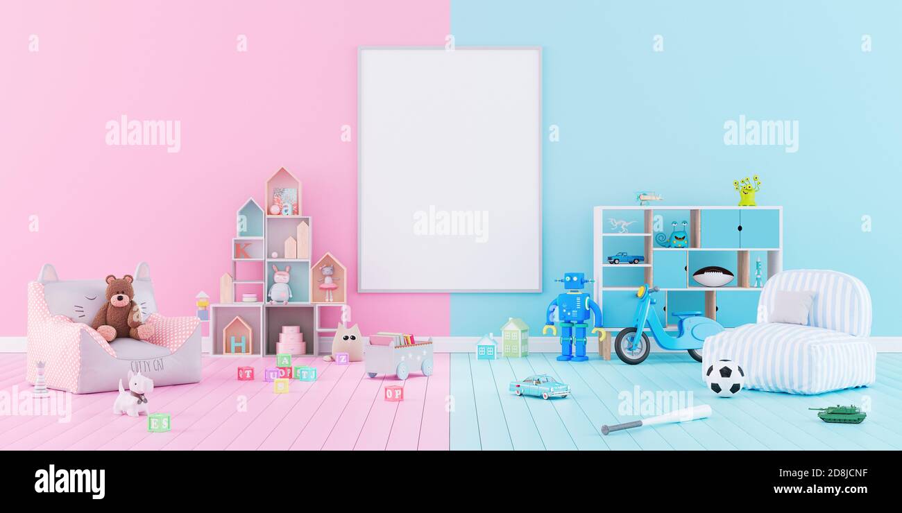 Kinderzimmereinrichtung in blauen und rosa Pastelltönen. Der Unterschied zwischen Jungen und Mädchen 3d Rendering 3d Illustration Stockfoto