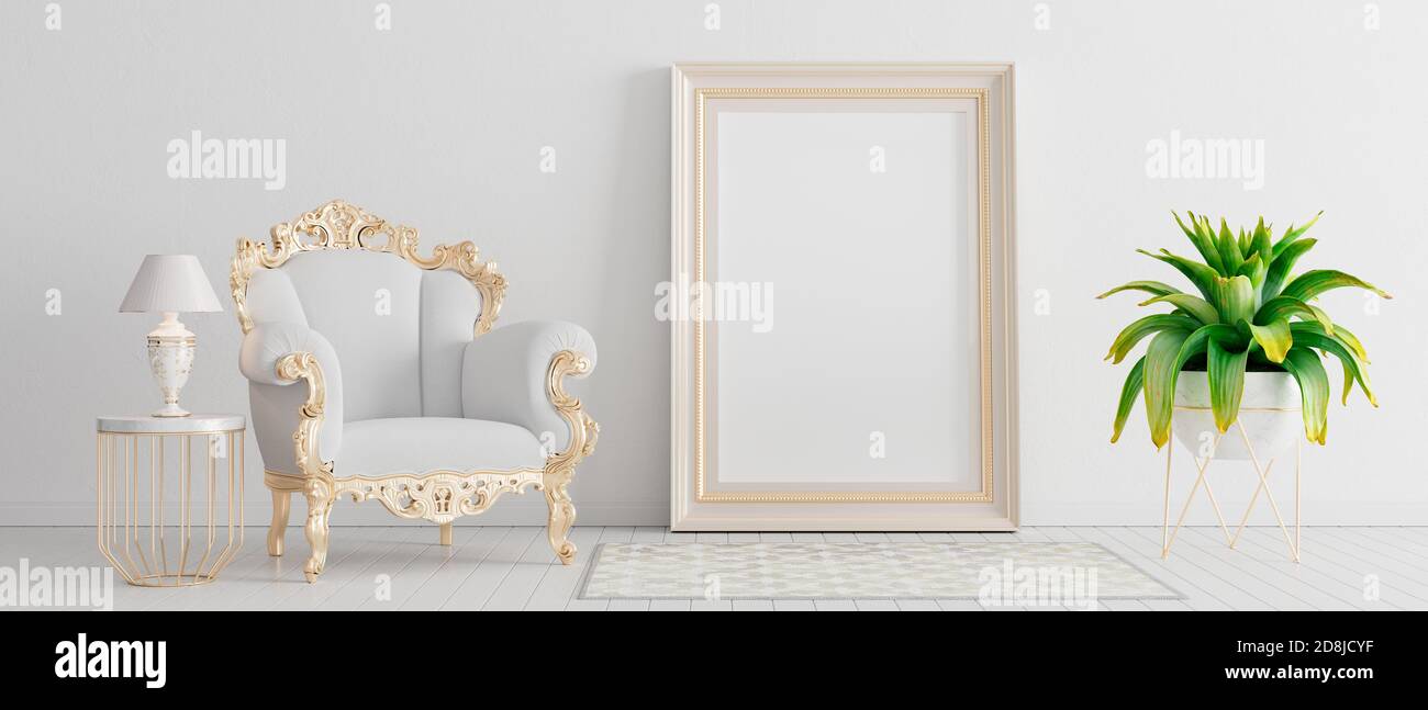 Wohnzimmereinrichtung mit stilvollem Sessel. Weiße Wand und Gold Details 3d Rendering 3d Illustration Stockfoto