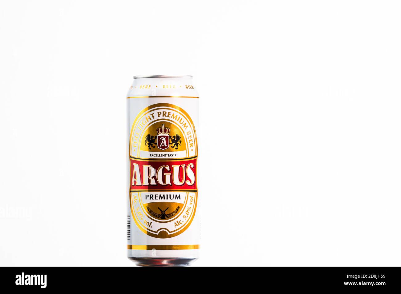 Argus Premium Lagerbier. Lild Supermarkt eigene Marke Bier. Studio Fotoshooting in Bukarest, Rumänien, 2020 Stockfoto