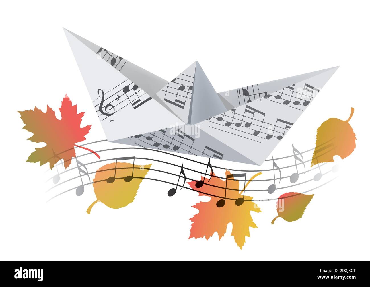 Origami-Boot mit musikalischen Noten und Herbstblättern. Abbildung des Papiermodells des Bootes mit Noten symbolisieren Herbstlied. Vektor verfügbar. Stock Vektor
