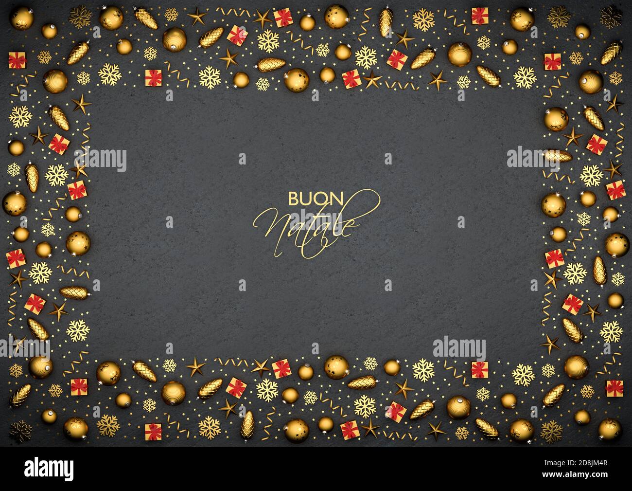 Flach legen goldene weihnachtsschmuck als Rahmen auf einem schwarzen Steinteller angeordnet. Italienischer Text 'Buon Natale' (Frohe Weihnachten) in der Mitte. Stockfoto