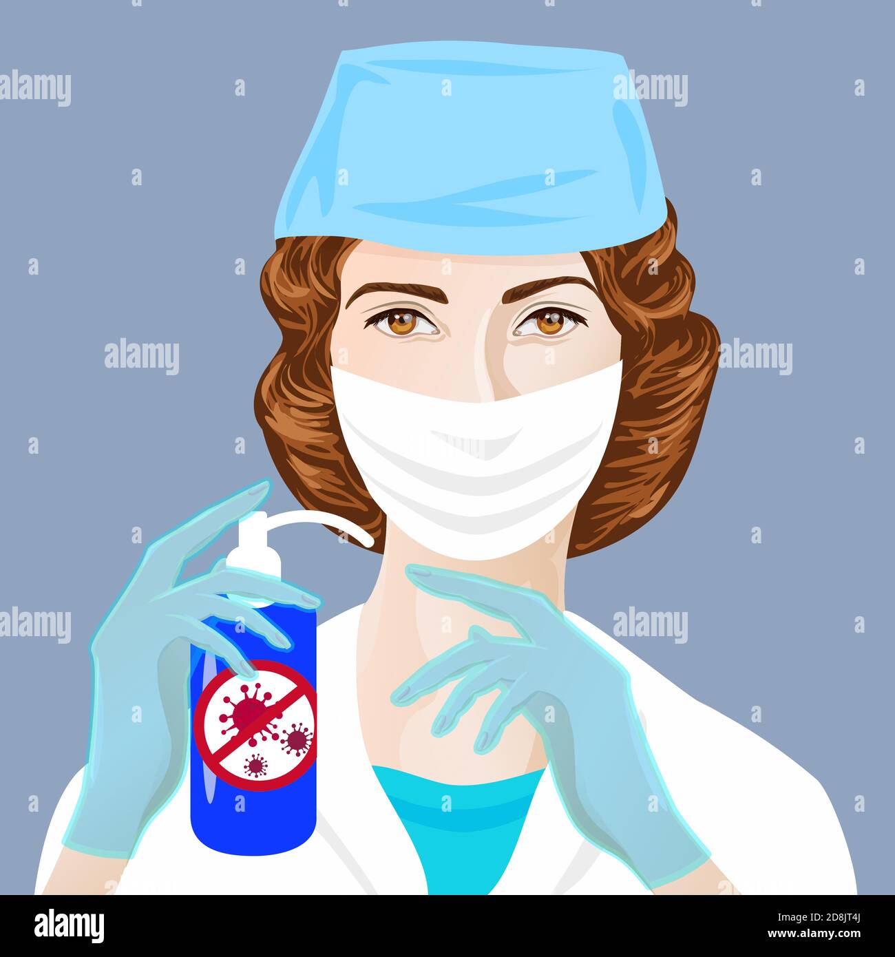 Eine Ärztin in einem medizinischen Gewand und einer schützenden OP-Maske hält ein Desinfektionsmittel. Ein Gesundheitsfachmann bietet Mittel, um die Ausbreitung von einzudämmen Stock Vektor