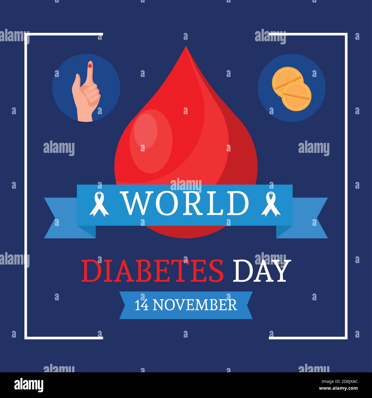 Welt Diabetes Tag Kampagne mit Blutstropfen und Band Rahmen Stock Vektor