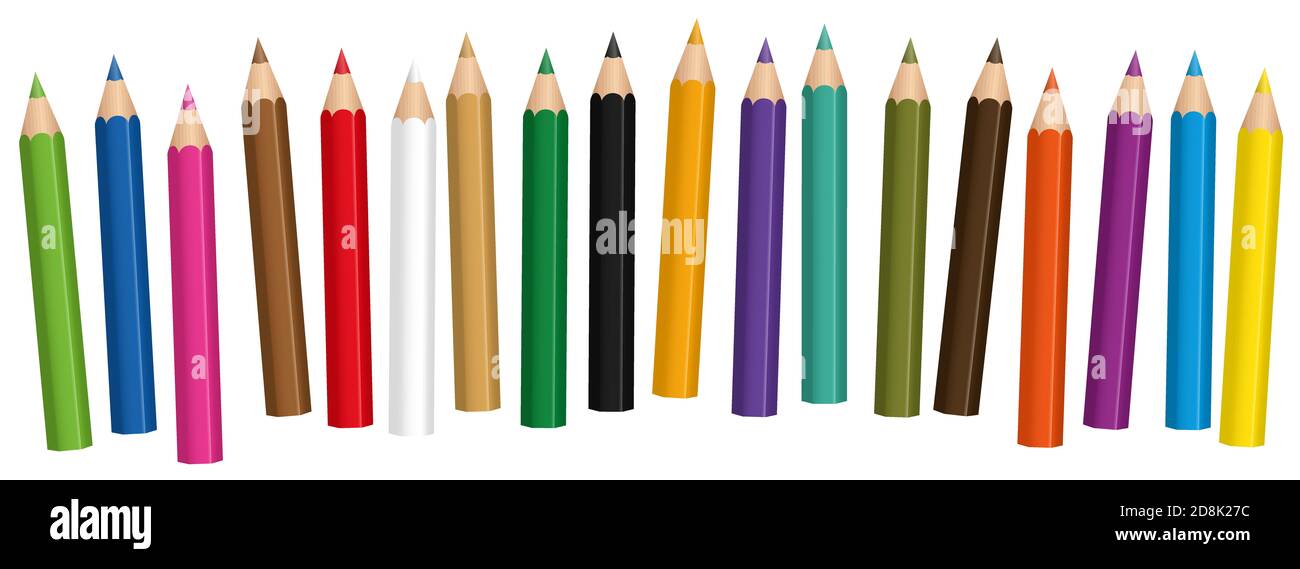 Kurze Buntstifte, gemischte Farben, Baby Bleistift-Set, lose angeordnet - Illustration auf weißem Hintergrund. Stockfoto
