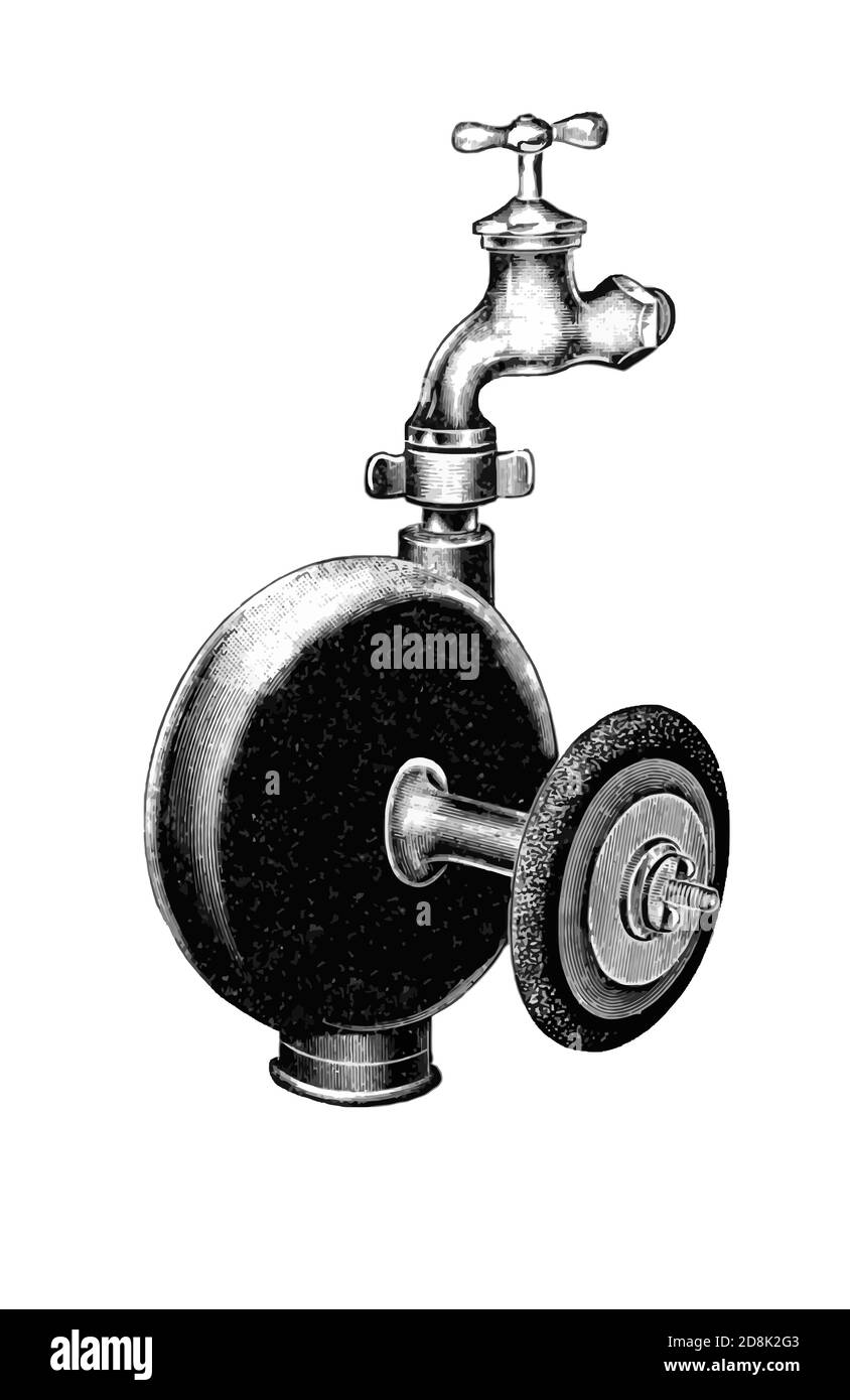 Gravur eines Motors mit fließendem Wasser für die Kraft, Welle zu drehen. Gleiches Prinzip wie Wasserrad oder hydroelektrische Turbine. Stock Vektor