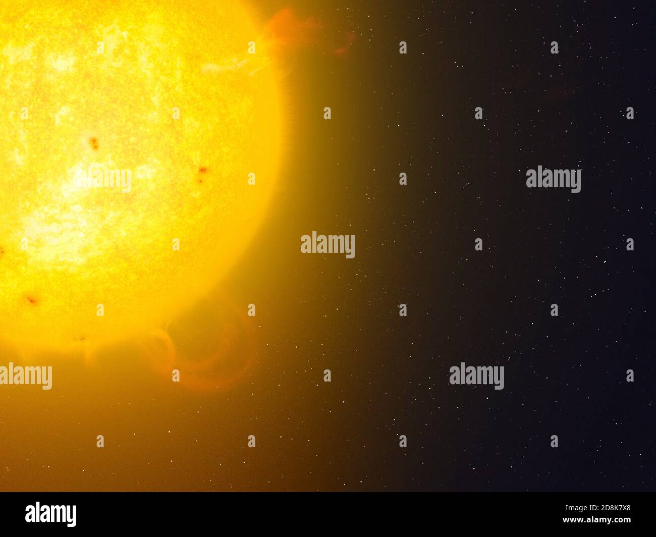Active Sun-Grafik. Sonneneruptionen werden von der Oberfläche der Sonne aus gesehen. Dies sind Schleifen von Plasma (geladenes Gas), die von der Oberfläche ausgestoßen werden und Magnetfeldlinien folgen, bevor sie wieder auf die Oberfläche treffen. Mehrere Sonnenflecken (dunkel) sind auch auf der Sonne zu sehen. Dies sind kühlere Bereiche von Gas Stockfoto