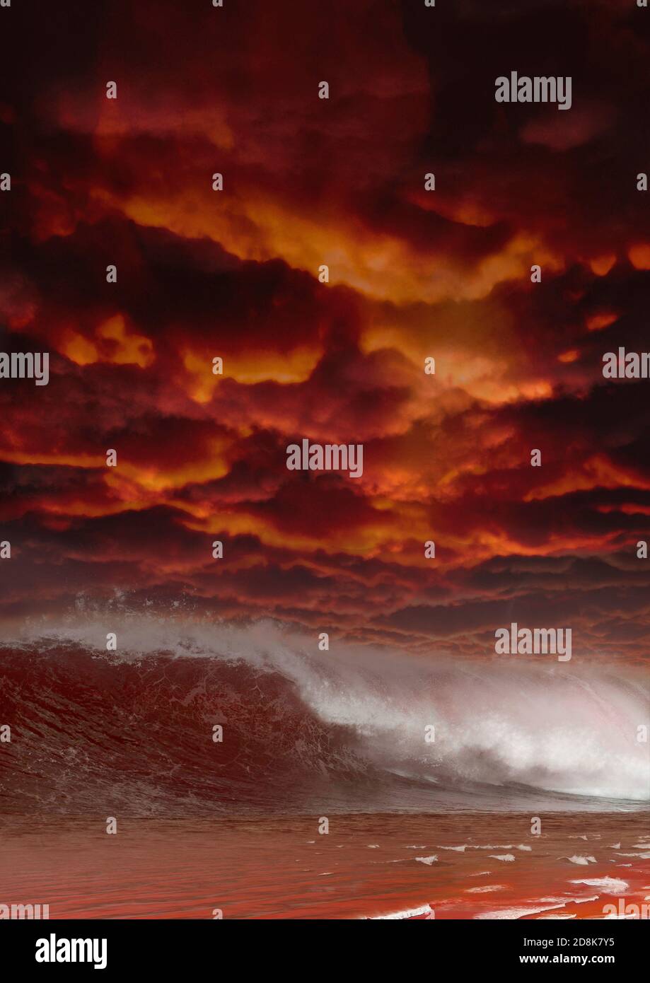 Kunstwerk eines erdähnlichen extrasolaren Planeten. Der Planet ist mit roten Meeren dargestellt. Stockfoto
