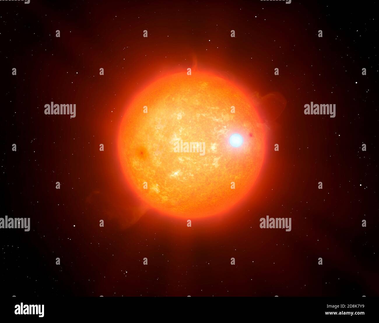 Diese Illustration, die für eine Pressemitteilung der Sheffield University in Großbritannien in Auftrag gegeben wurde, zeigt das binäre Sternsystem SDSS J2355+0448. Es besteht aus einem weißen Zwerg, der einen ultra-kühlen roten Zwergstern umkreist. Stockfoto