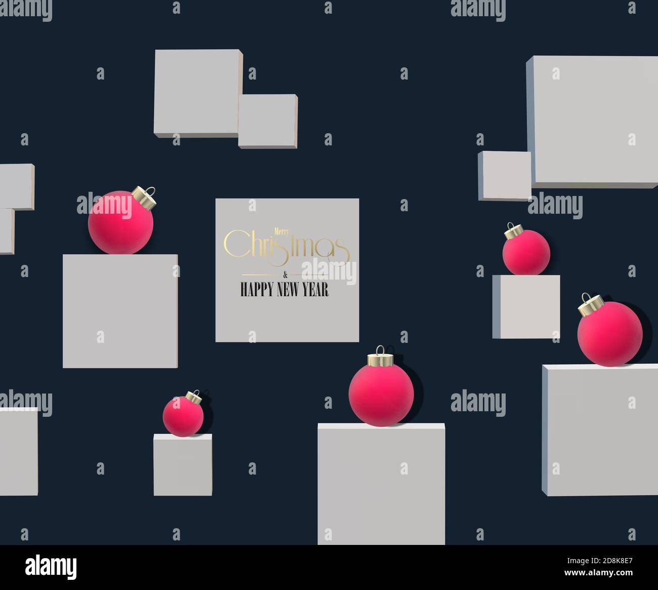 Weihnachten moderne 3D-Karte. Weihnachten Rote Kugeln Kugeln Kugeln im Raum auf blauschwarzem Hintergrund. 3D-Rendering. Gold Text Frohe Weihnachten Frohes neues Jahr. Stockfoto
