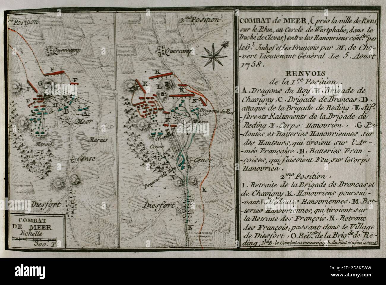 Combat de Mehr, cerca de la ciudad de Rees, en Westfalia, entre el cuerpo aliado de Hannoverienses al mando del General Imhoff, y los franceses bajo el mando del lugarteniente General de Chevert, el 5 de agosto de 1768. Grabado publicado en 1765 por el cartógrafo Jean de Beaurain (1696-1771) como ilustración de su Gran Mapa de Alemania, con los eventos que tuvieron lugar durante la Guerra de los Siete Años. Guerra de 1755 A 1763. Edición francesa, 1765. Bibioteca Histórico Militar de Barcelona. Cataluña, España. Stockfoto
