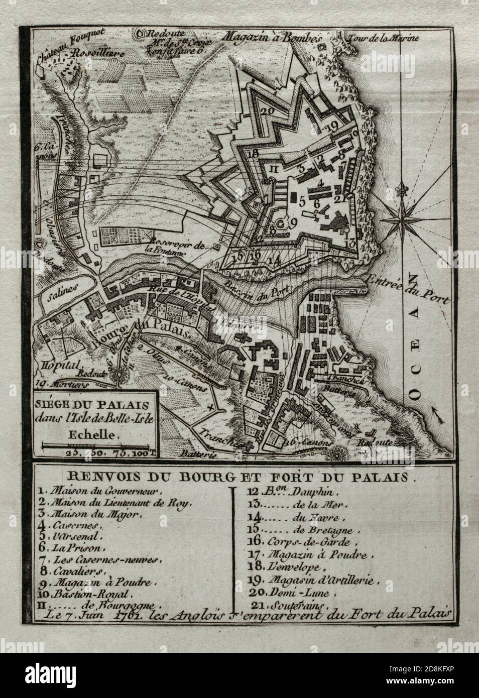 Toma de Belle-Ille o Toma de Belle-Ille-en-Mer (17 de junio de 1761). Los británicos lograron asaltar la ciudadela principal de la isla de la costa atlántica situada frente a la Bretaña. Los hechos acaecieron durante la Guerra de los Siete Años, en el curso de un segundo desembarco por parte de los ingleses al mando del General Studholme Hodgson y posterior asedio de la fortaleza durante seis semanas. Grabado publicado en 1765 por el cartógrafo Jean de Beaurain (1696-1771) como ilustración de su Gran Mapa de Alemania, con los eventos que tuvieron lugar durante la Guerra de los Siete Años. Gut Stockfoto