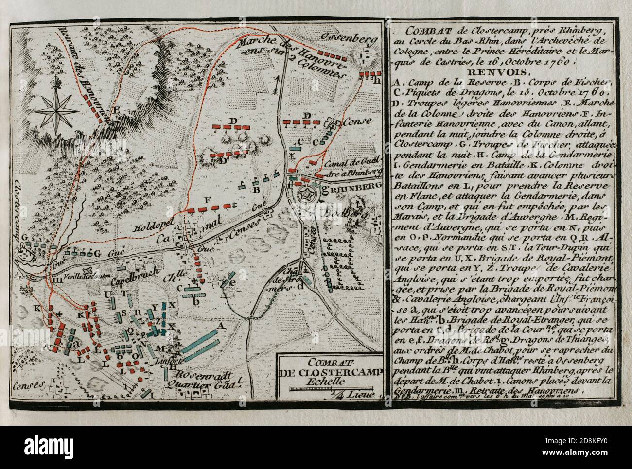 Batalla de Clostercamp o de Closter Kamp (16 de octubre de 1760). Batalla que tuvo lugar durante la Guerra de los Siete Años. El duque Ferdinand de Brunswick, al mando de un ejército británico y aliado, tuvo que abandonar el campo de batalla ante un ejército francés dirigido por el General Charles Eugene Gabriel de La Croix, Marqués de Castries. Grabado publicado en 1765 por el cartógrafo Jean de Beaurain (1696-1771) como ilustración de su Gran Mapa de Alemania, con los eventos que tuvieron lugar durante la Guerra de los Siete Años. Guerra de 1755 A 1763. Edición francesa, 1765. Bibioteca Histó Stockfoto