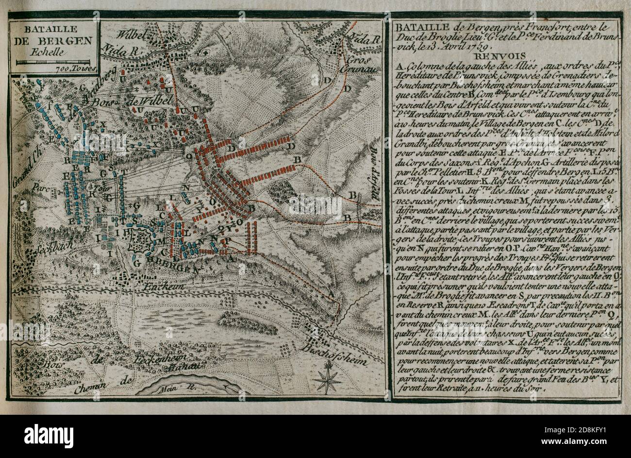 Batalla de Bergen. Tuvo lugar el 13 de abril de 1759, durante la Guerra de los Siete Años. Enfrentó a las tropas hannoverianas dirigidas por el príncipe Ferdinand de Brunswick-Lüneburg, y el ejército francés al mando del mariscal de Broglie, con victoria francesa. Grabado publicado en 1765 por el cartógrafo Jean de Beaurain (1696-1771) como ilustración de su Gran Mapa de Alemania, con los eventos que tuvieron lugar durante la Guerra de los Siete Años. Guerra de 1755 A 1763. Edición francesa, 1765. Bibioteca Histórico Militar de Barcelona. Cataluña, España. Stockfoto