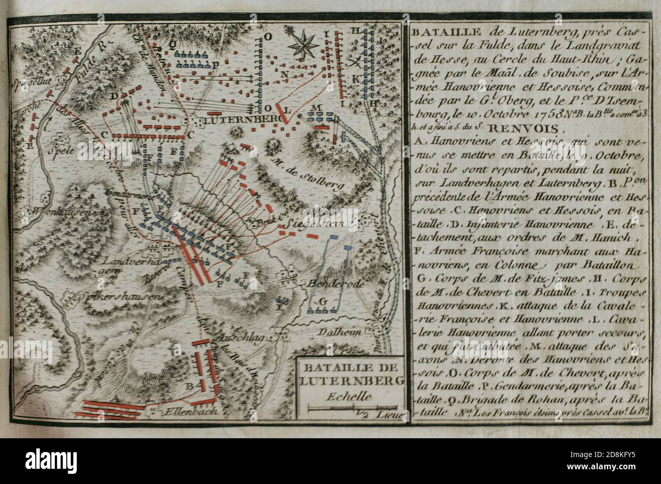 Batalla de Lutterberg (10 de octubre de 1758). Enfrentamiento acaecido durante la Guerra de los Siete Años. Combatieron tropas francesas, dirigidas por el príncipe Soubise, que vencieron a un contingente menor de soldados hannoverienses y mercenarios hessianos, al mando del General Cristoph Ludwig von Oberg. Grabado publicado en 1765 por el cartógrafo Jean de Beaurain (1696-1771) como ilustración de su Gran Mapa de Alemania, con los eventos que tuvieron lugar durante la Guerra de los Siete Años. Guerra de 1755 A 1763. Edición francesa, 1765. Bibioteca Histórico Militar de Barcelona. Cataluña, E Stockfoto