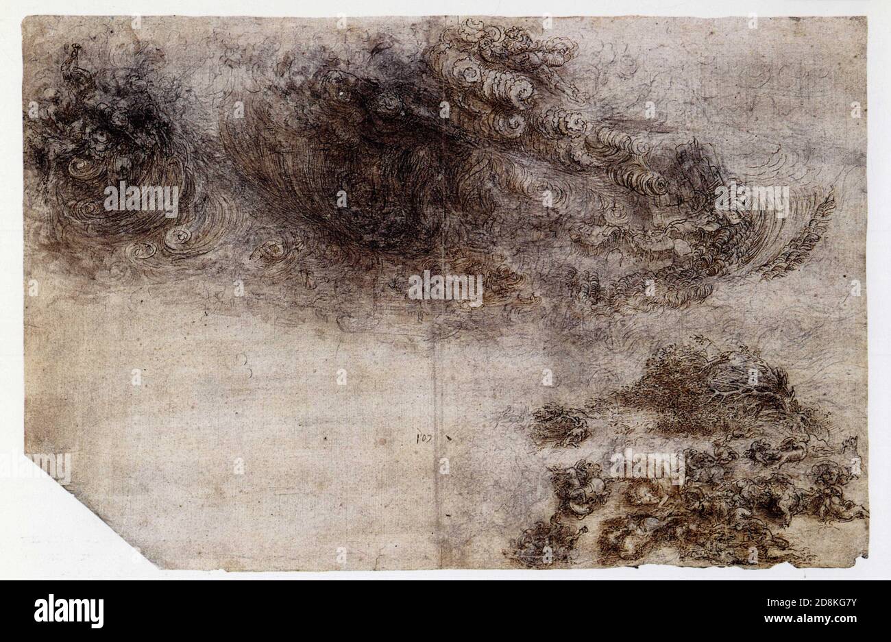 Leonardo da Vinci. Hurrikan über Reiter und Bäume. 1518. Stift und Tinte auf schwarzer Kreide mit Wasch- und weißen Spuren auf grauem gewaschenem Papier Stockfoto