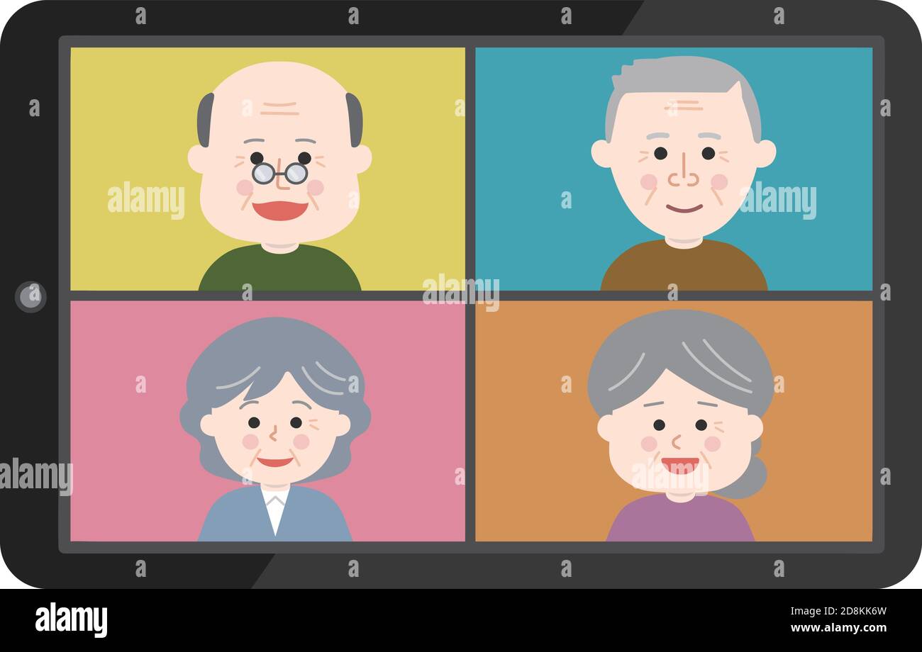 Ältere Menschen treffen sich von zu Hause aus. Vektorgrafik isoliert auf weißem Hintergrund. Stock Vektor