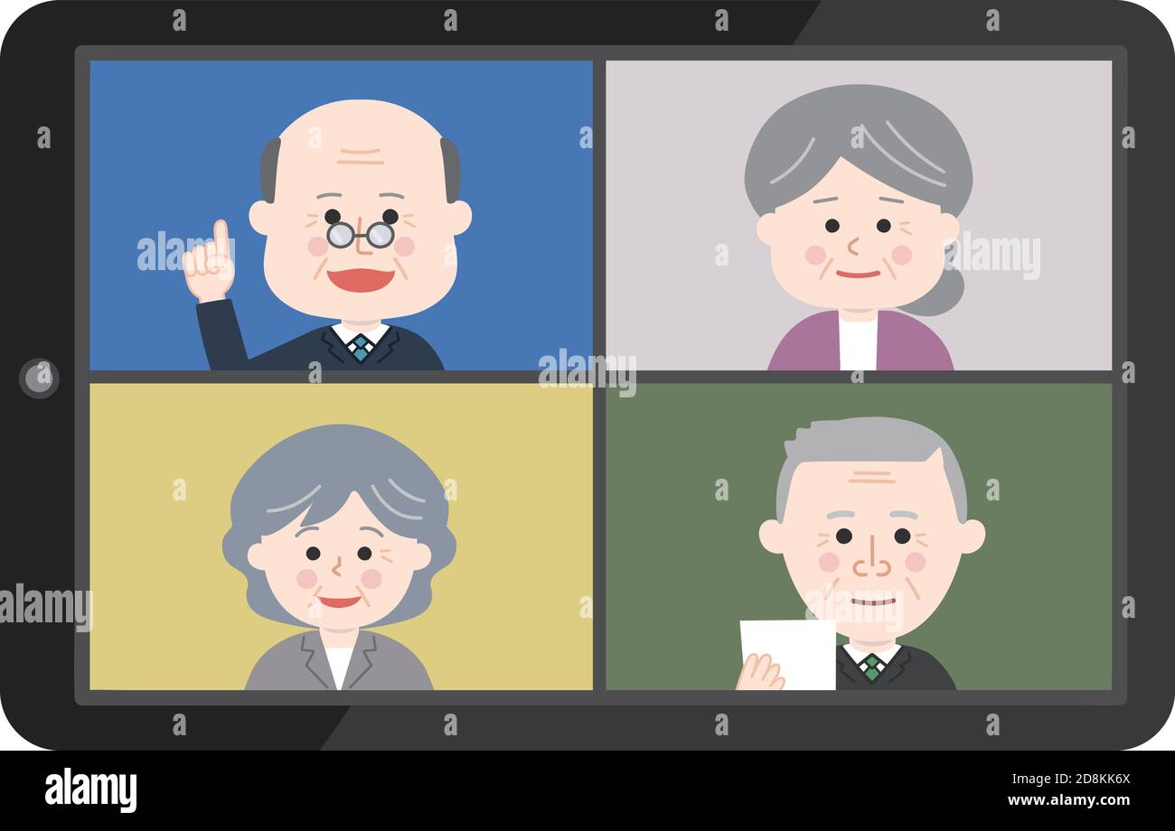 Ältere Menschen, die von zu Hause aus mit einem Online-Meeting auf einem Tablet oder Smartphone arbeiten. Vektorgrafik isoliert auf weißem Hintergrund. Stock Vektor