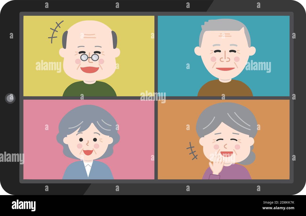 Menschen lachen viel mit einer Online-Party auf Tablet oder Smartphone. Vektorgrafik isoliert auf weißem Hintergrund. Stock Vektor