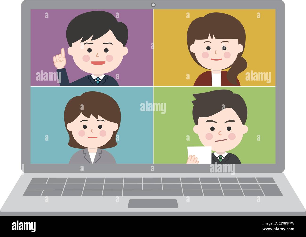 Personen, die von zu Hause aus mit einem Online-Meeting auf einem Laptop arbeiten. Vektorgrafik isoliert auf weißem Hintergrund. Stock Vektor
