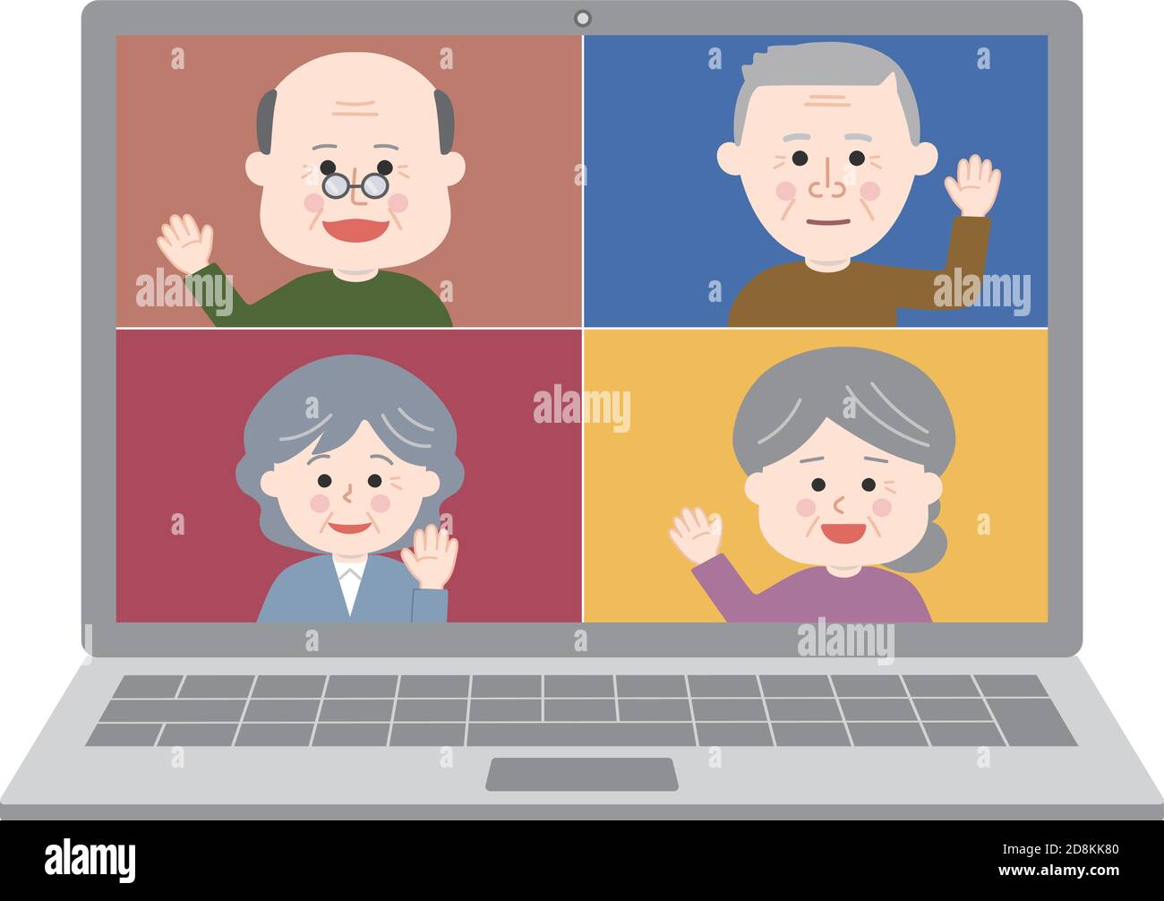 Ältere Menschen winken ihre Hand bei einem Online-Meeting auf dem Laptop. Vektorgrafik isoliert auf weißem Hintergrund. Stock Vektor