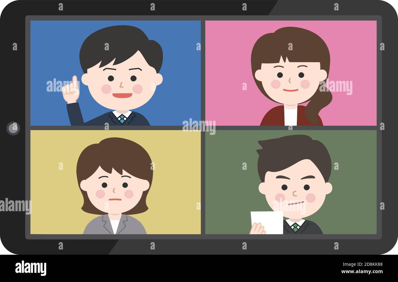 Junge Männer und Frauen, die von zu Hause aus mit einem Online-Meeting auf dem Smartphone oder Tablet arbeiten. Vektorgrafik isoliert auf weißem Hintergrund. Stock Vektor