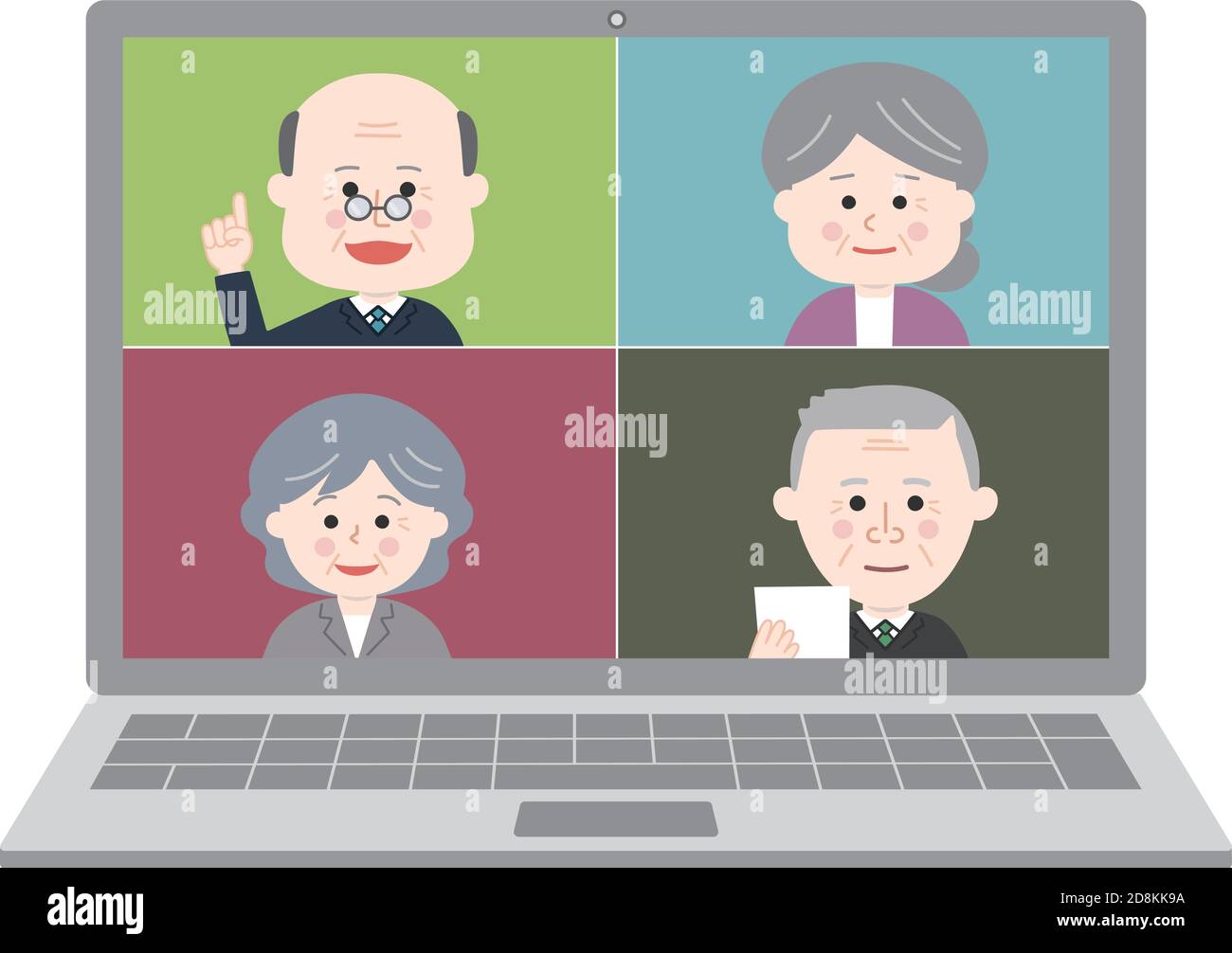 Ältere Menschen, die von zu Hause aus mit einem Online-Meeting auf einem Laptop arbeiten. Vektorgrafik isoliert auf weißem Hintergrund. Stock Vektor
